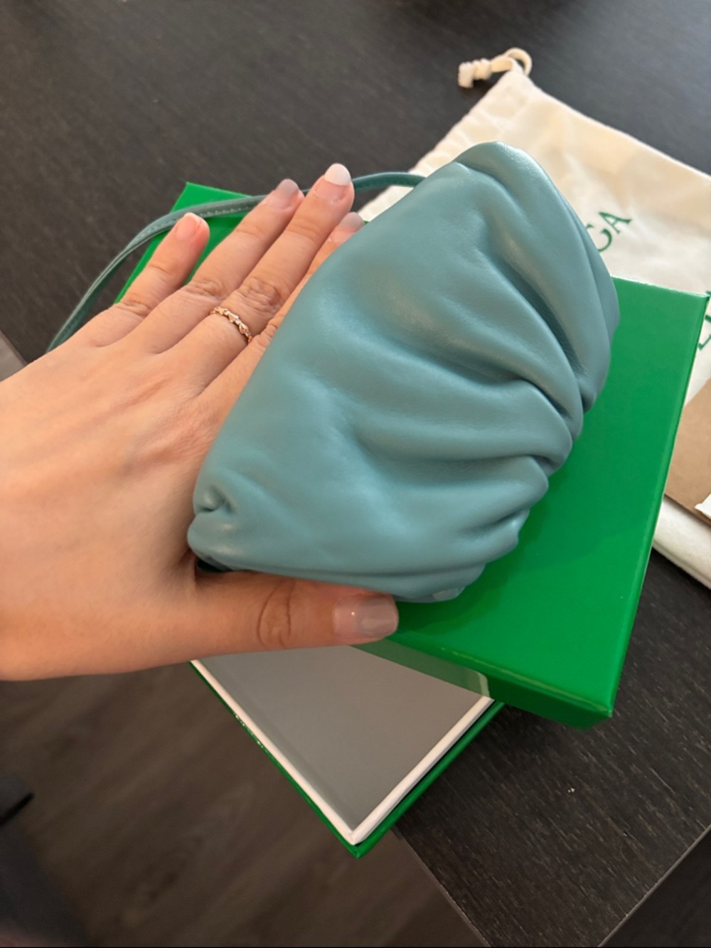Bottega Veneta Teal Mini Gathered Leather Coin Pouch with Strap - Picture 7 of 9